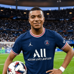 Kylian Mbappe smiling and holding a football on the pitch in a PSG jersey
